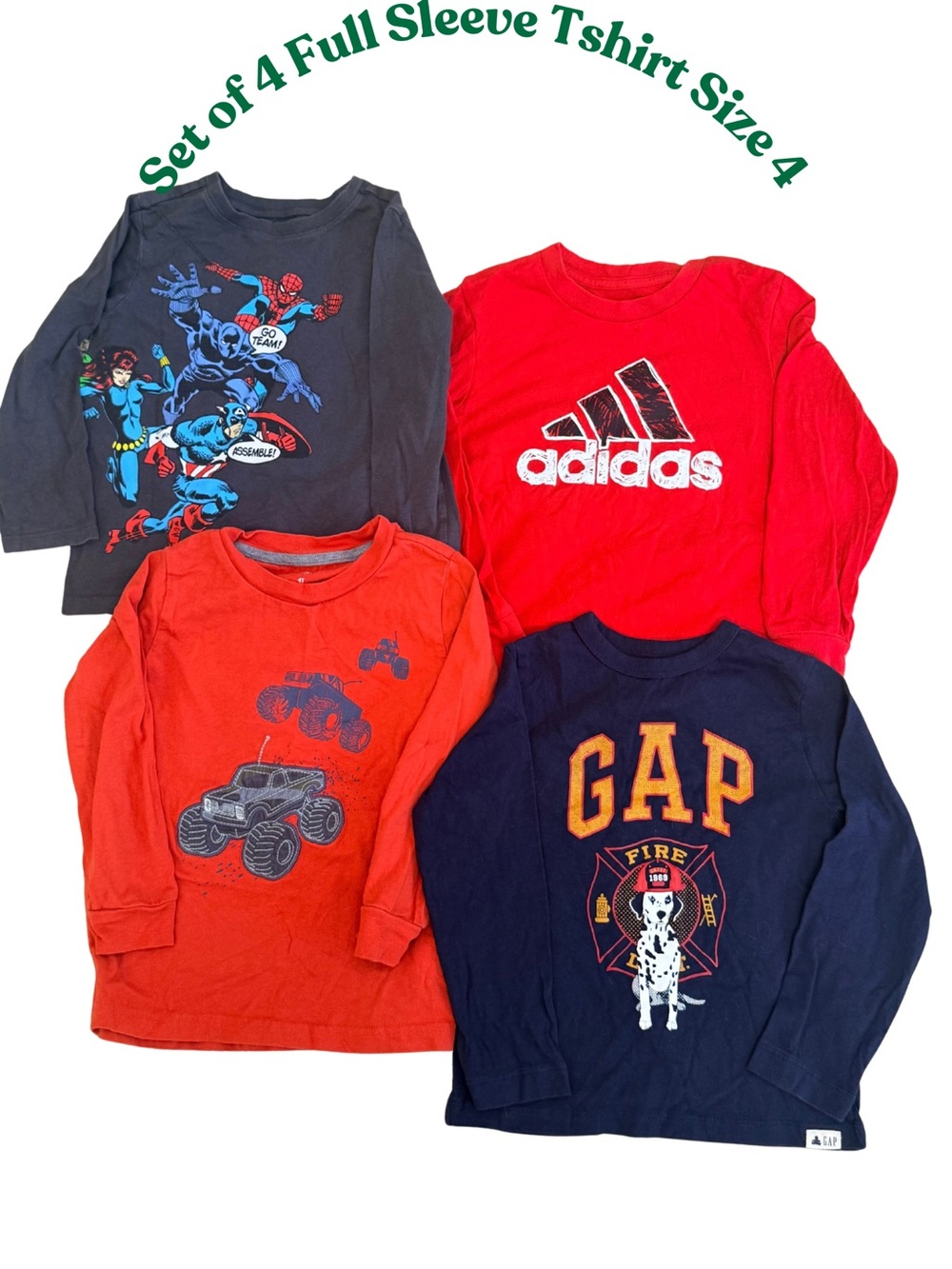 Set of 4 Kids Long Sleeve Tees Size 4 – Marvel, Adidas, GAP, Monster Trucks